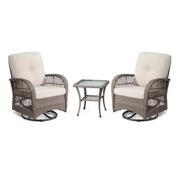 Unbranded 3-Piece Patio Wicker Outdoor Rocking Chair Set, Outdoor Swivel Patio Chair with Side Coffee Table and Beige Cushion