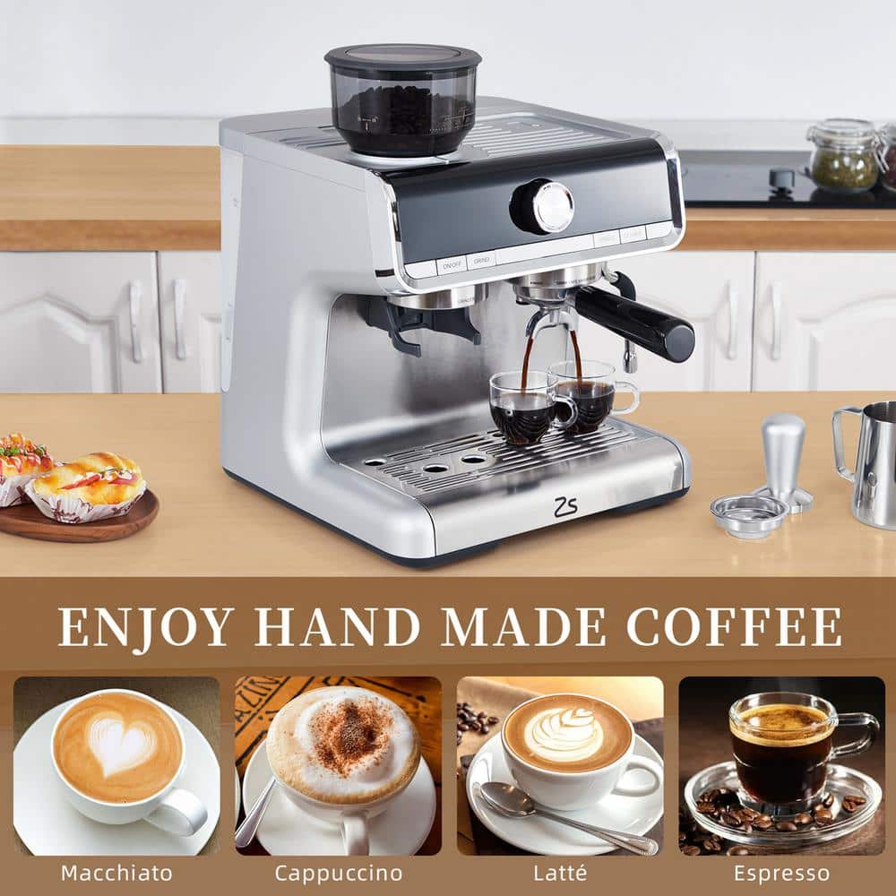 2-Cup Semi-Automatic Espresso Machine in Silver with Built-In Grinder, Milk Frothier, 20 Bar - Thumbnail 3