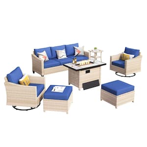 Athenie Biege 7-Piece Wicker Patio Fire Pit Conversation Set with Navy Blue Cushions and Swivel Chairs