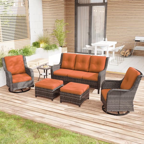 6-Piece Wicker Outdoor Sectional Set with Ottomans, Swivel Rocking Chair and Orange Cushions