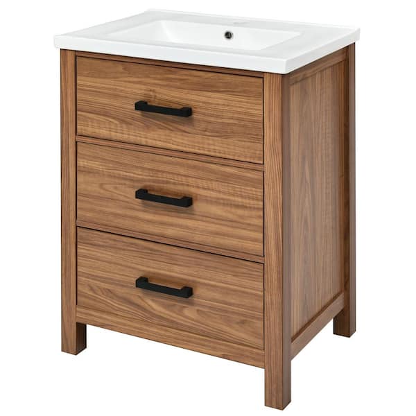 Unbranded 24.40 in. W x 18.30 in. D x 33.80 in. H Single Sink Freestanding Bath Vanity in Natural Wood with White Ceramic Sink Top