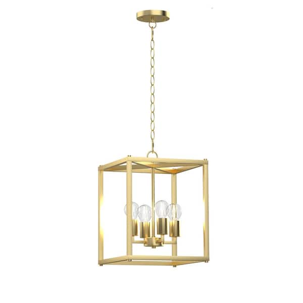 Amucolo 4-Light Gold Modern Ceiling Chandelier Light Metal Lantern Fixture with Farmhouse Iron Cage with Adjustable Height