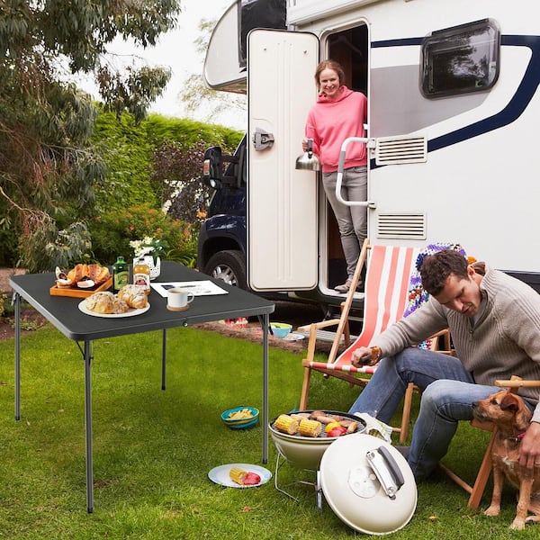 Gray Folding Camping Table Portable Picnic Table with All-Weather HDPE Tabletop Metal Frame and Carry Straps
