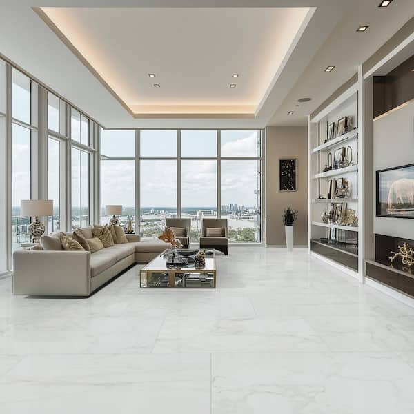 Carrara Marble Look Polished Porcelain Tile, 24 in. x 48 in. Floor and Wall (16 sq. ft./Case)