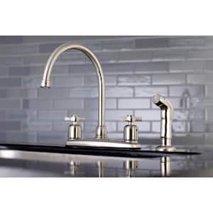 Modern Cross 2-Handle High Arc Standard Kitchen Faucet with Side Sprayer in Brushed Nickel