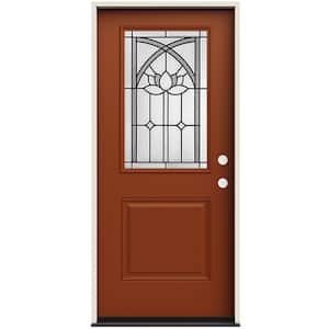 36 in. x 80 in. Left-Hand/Inswing 1/2 Lite Ardsley Decorative Glass Mesa Red Steel Prehung Front Door