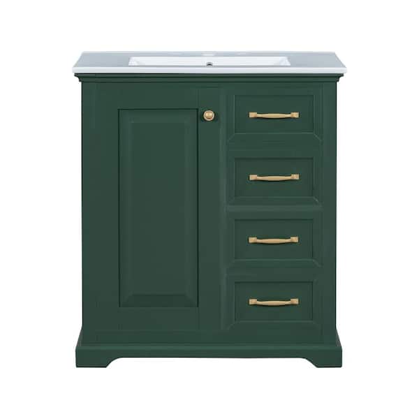 Qidian 30in. Green Bathroom Vanity Freestanding with Drawers, Solid Frame ,Top Ceramic with White Basin