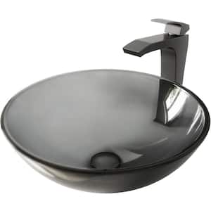 Glass Round Vessel Bathroom Sink in Sheer Black with Blackstonian Faucet and Pop-Up Drain in Matte Black