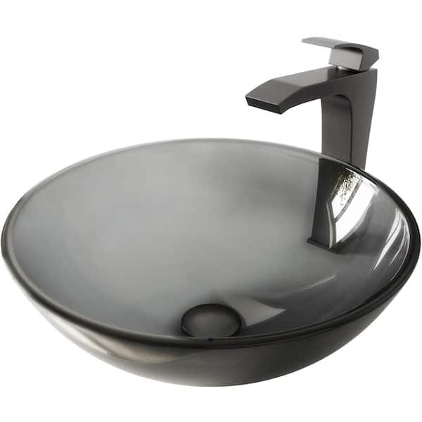 VIGO Glass Round Vessel Bathroom Sink in Sheer Black with Blackstonian Faucet and Pop-Up Drain in Matte Black