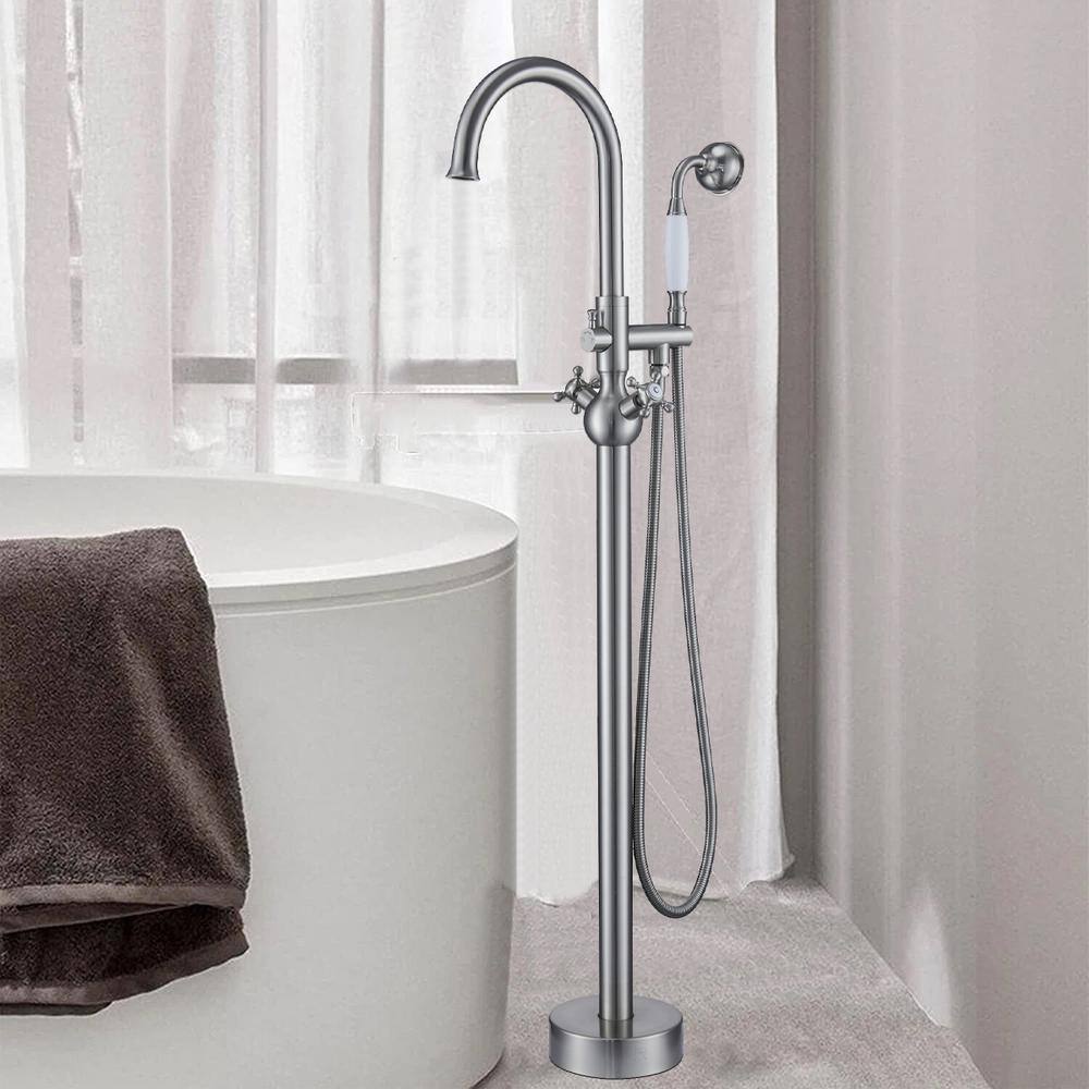 Brushed Nickel Freestanding Tub Filler with Handheld Shower
