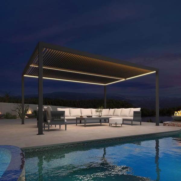 12 ft. x 16 ft. Gray Aluminum Frame Outdoor Louvered Pergola Gazebo with Adjustable Sunshade Roof and LED Strip Lights
