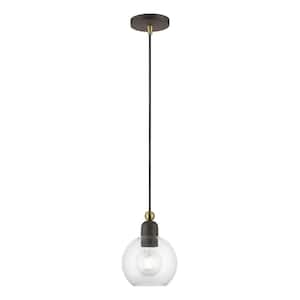 Downtown 1-Light Bronze Island Pendant with Antique Brass Accents with Clear Sphere Glass