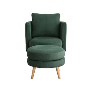 Modern Green Polyester Fabric Upholstered Accent Barrel Chair with Ottoman and Throw Pillow