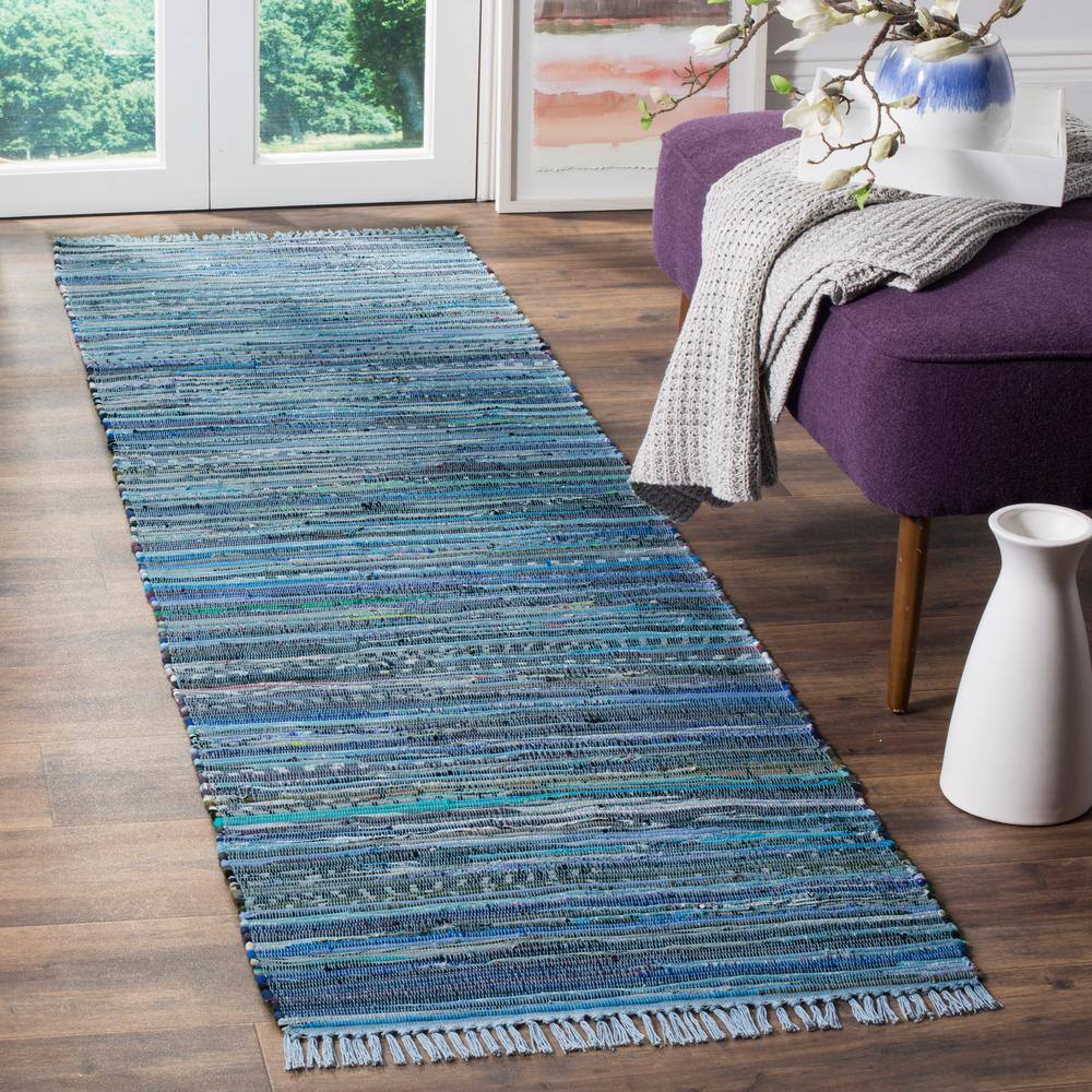 Coastal Breeze Blue Stripe Hand-Woven Wool & Cotton Runner Rug