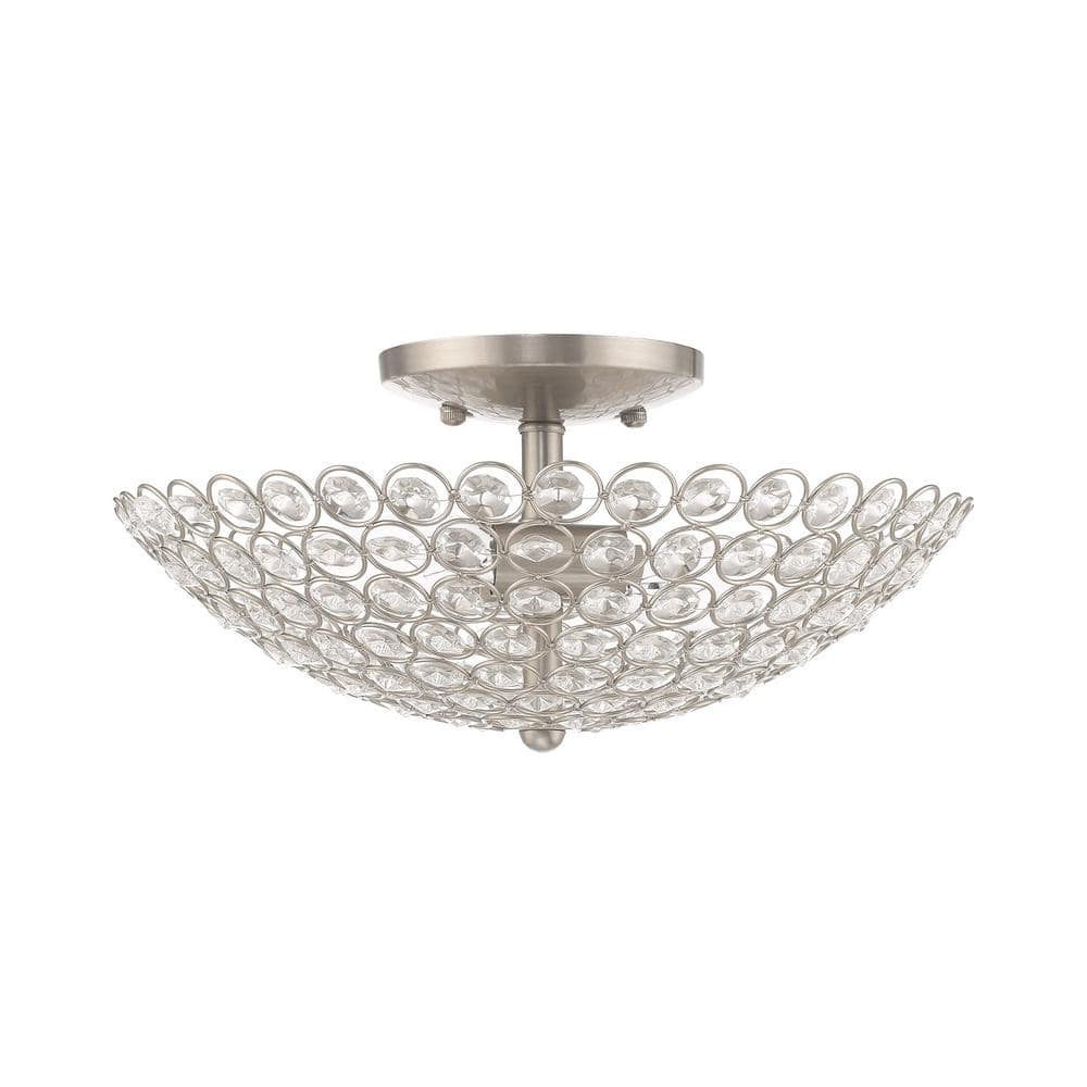 Cassandra Brushed Nickel Crystal 2-Light Semi-Flush Mount