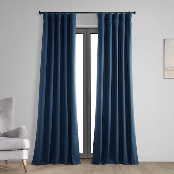 Exclusive Fabrics & Furnishings Indigo Blue Vintage Thermal Cross Linen Weave Blackout Rod Pocket Curtain - 50 in. W x 96 in. L (1 Panel)