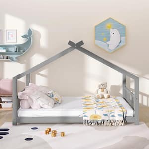 Gray Full Size Toddlers House Bed with Headboard and Footbard, Wood House Shape Floor Kids Capony Bed Frame