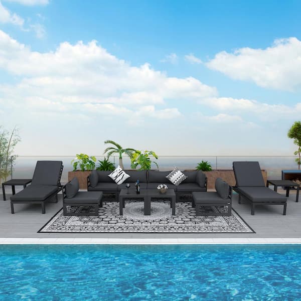 FINCATI 12 Piece Large Gray Aluminum Patio Conversation Sectional Set with Gray Cushions? Tables and Chaise Lounge