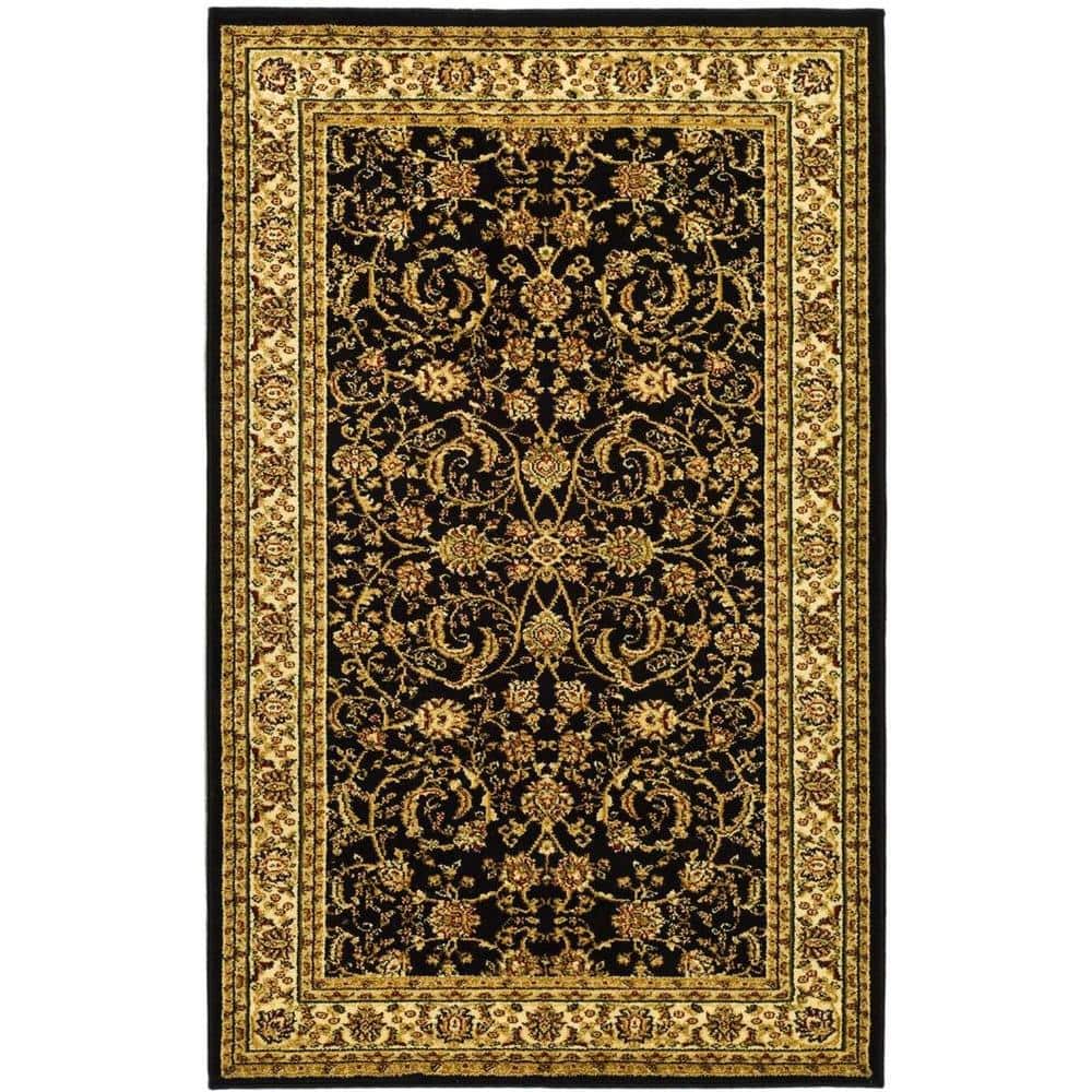 Black and Ivory Floral Rectangular Synthetic Area Rug