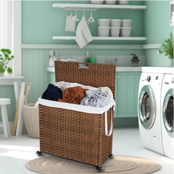 FUNKOL 27.6 in. L x 13.4 in. W x 26.4 in. H in Brown PE Rattan Powder Coated Laundry Hamper with 2-Laundry Bags, 160 L Capacity