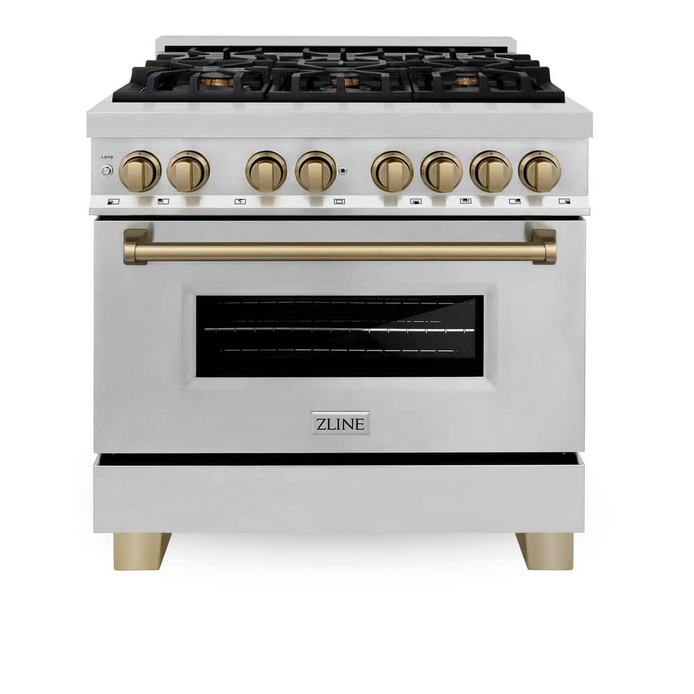 ZLINE Kitchen and Bath Autograph Edition 36 in. 6 Burner Dual Fuel Range in Stainless Steel and Champagne Bronze