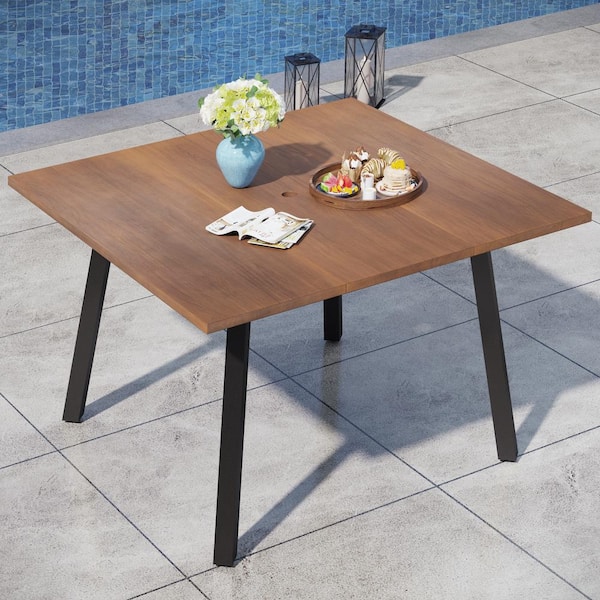 PHI VILLA Wood-Look Black Square Metal Patio Dining Table with Umbrella Hole