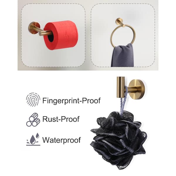 3 -Piece Bath Hardware Set with Mounting Hardware with Towel Ring, Toilet Paper Holder and Towel Hook in Brushed Gold
