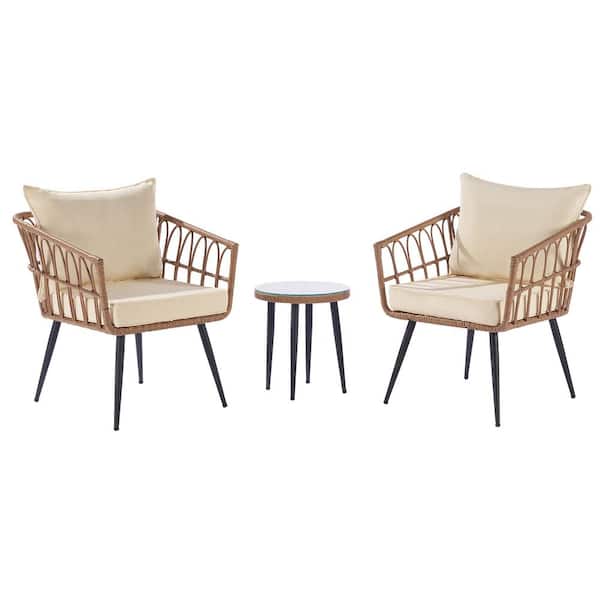 GAWEZA 3-Piece PE Rattan Wicker Patio Conversation Set with Beige Cushions