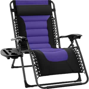 Oversized Padded Zero Gravity Black/Purple Metal Reclining Outdoor Lawn Chair w/Side Tray