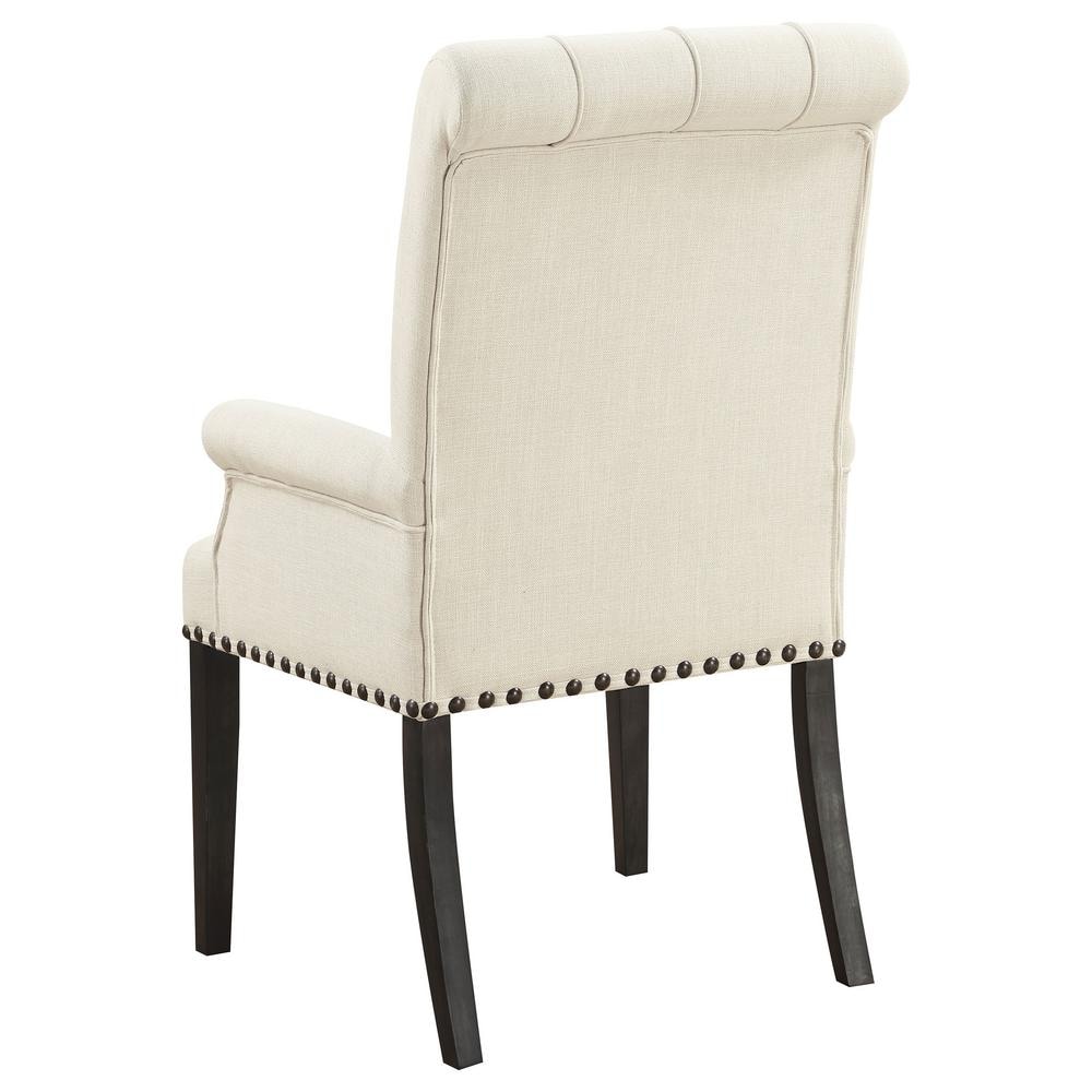 Elegant Beige Linen Upholstered High Arm Chair with Smokey Black Wood