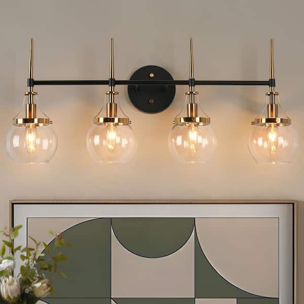 Orbline Transitional 28.5 in. 4-Light Plated Brass and Black Bath Vanity Light with Clear Globe Glass Shade Wall Light