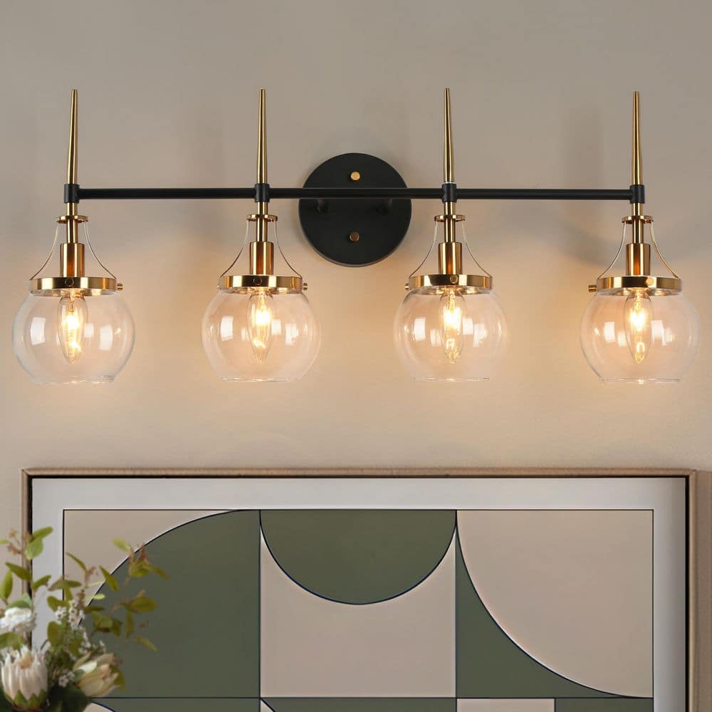 Orbline Transitional 28.5 in. 4-Light Plated Brass and Black Bath Vanity Light with Clear Globe Glass Shade Wall Light price history on PriceWatchPro