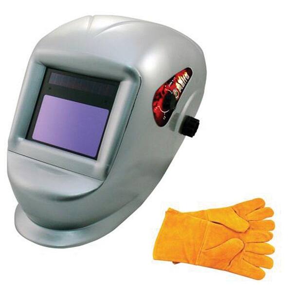 Astro Pneumatic Deluxe Solar Auto Darkening Welding Helmet with Large Viewing Area and Pair of Leather Gloves