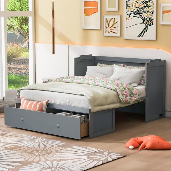 Gray Wood Frame Full Murphy Bed with USB Port and a Large Drawer