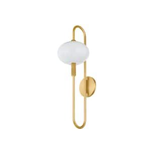 Delphine 7 in. 1-Light Aged Brass Finish Wall Sconce with Cloud Glass Shade