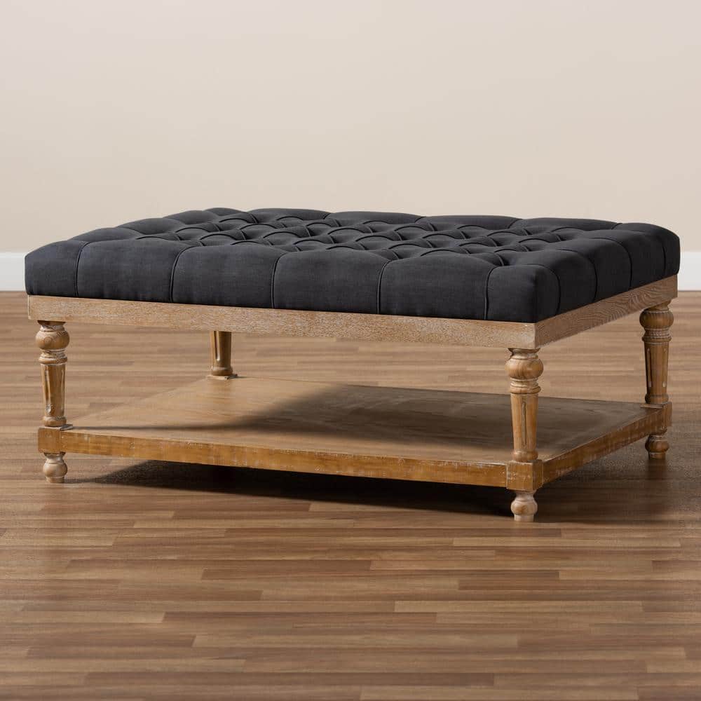 Charcoal Linen Fabric Tufted Cocktail Ottoman with Storage Shelf