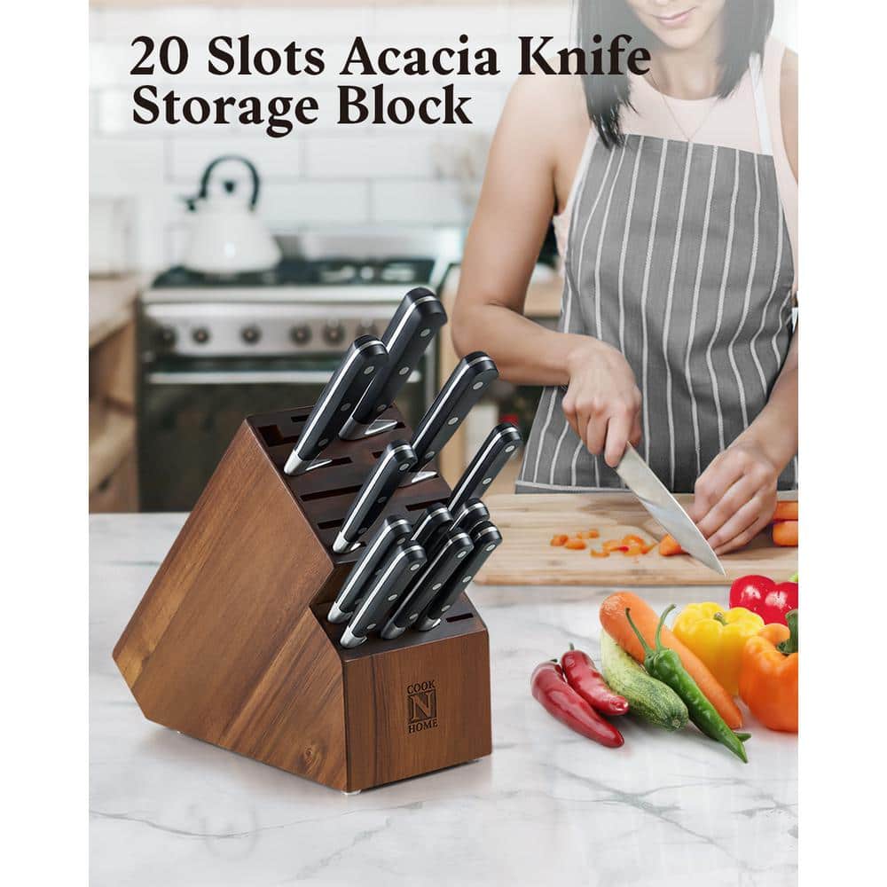 Cook N Home Acacia Wood Knife Storage Block without Knives, 20 Slot Universal Knife Holder Countertop Butcher Block Knife Stand for Easy Kitchen Storage