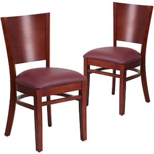 Burgundy Vinyl Seat/Mahogany Wood Frame Restaurant Chairs (Set of 2)