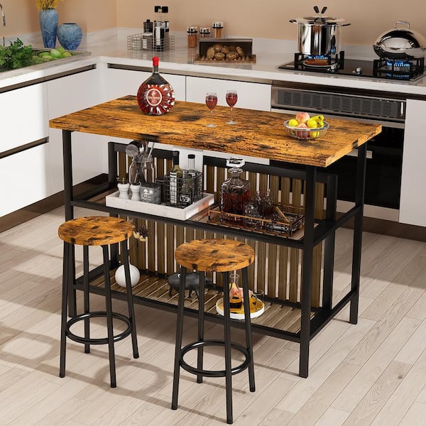 mieres Dora 3-Piece Rectangle Wood Top Rustic Brown Dining Table