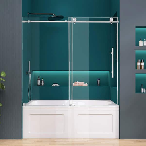 56-60 in. W x 60 in. H Sliding Bath Tub Door in Brushed Nickel Hardware Finish Family with Clear Glass Bathtub Screen