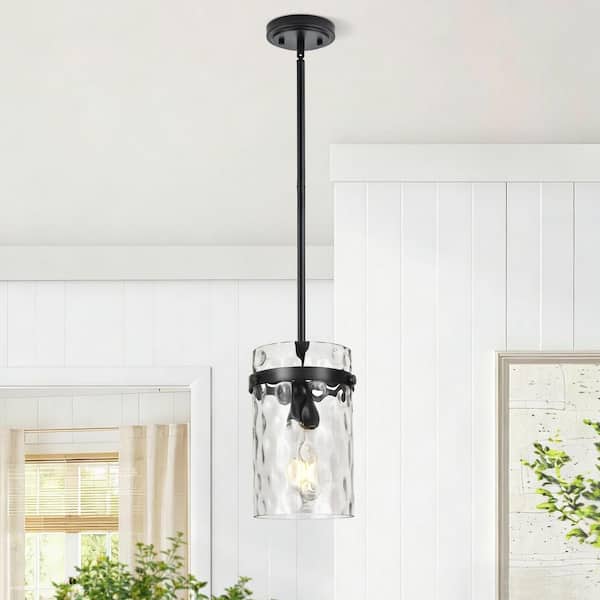 Modern Black Adjustable Kitchen Island Pendant Light with Medium 5. 1in Diameter Clear Hammered Glass Shade