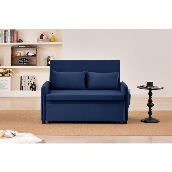Noble House 51.2 in. Blue Velvet Upholstered Full Size Convertible Sleeper Sofa Bed with Adjustable Backrest and Side Pocket