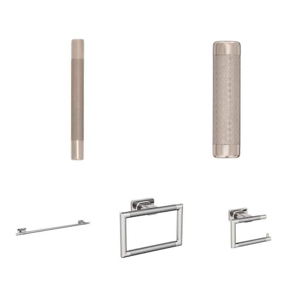 Esquire Polished Nickel Bar Pull (5-1/16 in.), Knob (2-5/8 in.), Towel Bar (24 in.), Ring (5-1/4 in.) and Holder