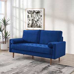 69 in. Blue Upholstered Modern Velvet Loveseat, Tufted 3-seater Cushion with Bolster Pillows