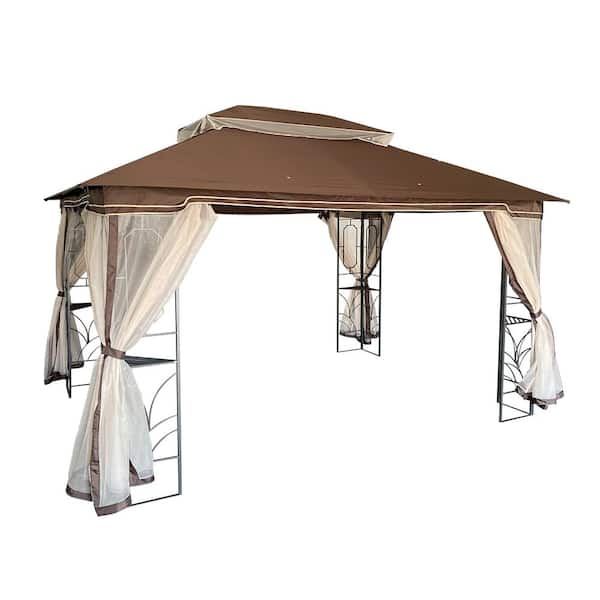 Zeus & Ruta 13 ft. x 10 ft. 2-Tier Patio Gazebo Canopy with Breathable Mesh Netting and Privacy Sidewalls, Black and Coffee