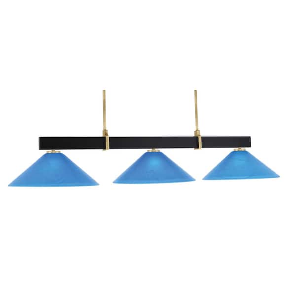 Balmore 3-Light Matte Black and New Age Brass Billiard Light with 16 in. Blue Italian Glass Shades