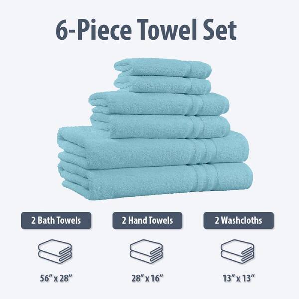 100% Cotton 6-Piece Towel Set - Absorbent and Fade Resistant Bath Towels  Set (Aqua)