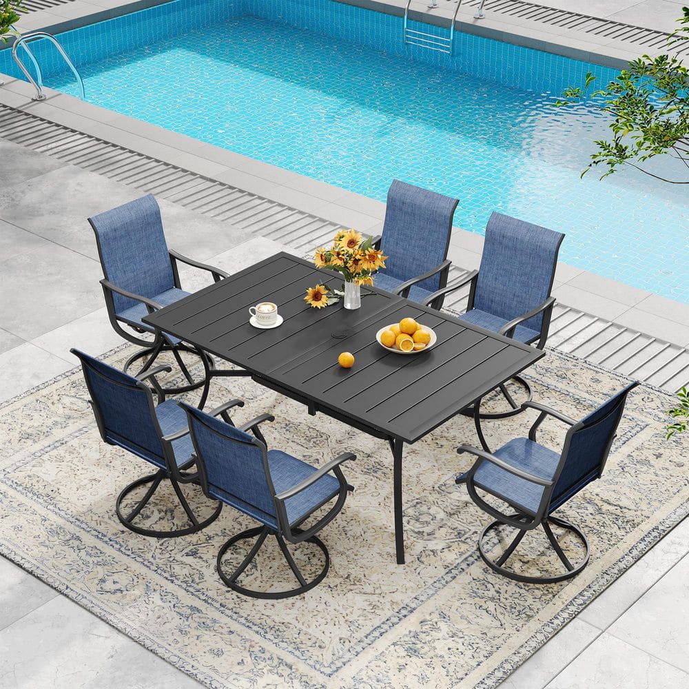 All Weather 7-Piece Metal Outdoor Patio Dining Set with 59.2 in. Black Rectangular Table and 6 Blue Swivel Dining Chairs price history on PriceWatchPro