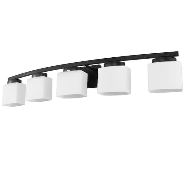 41 in. 5-Light Matte Black Vanity Light for Bathroom with Curved Arms and Milk White Shades