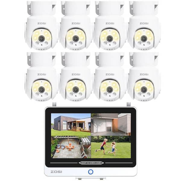 WiFi 6 8-Channel 3K 5MP 2TB NVR Security Camera System with 8X 360 Pan Tilt Outdoor Cameras and 12 in. LCD Monitor